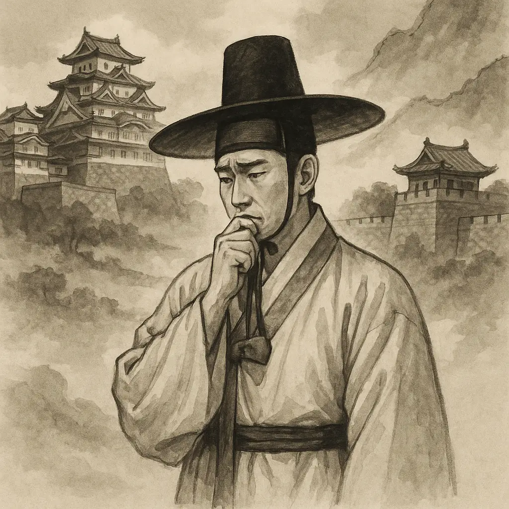 임진왜란 시기 조선 유학생이 일본과 조선 사이에서 선택을 고민하는 장면의 전통 수묵화풍 일러스트