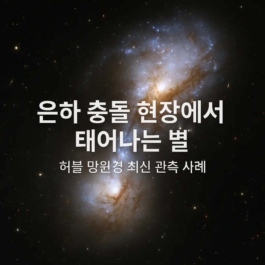 은하 충돌 장면을 허블 망원경 스타일로 표현한 이미지. 두 은하가 합병하며 밝은 별 무리와 푸른 젊은 별들이 새롭게 형성되는 모습. 중앙에는 '은하 충돌 현장에서 태어나는 별 – 허블 망원경 최신 관측 사례'라는 텍스트가 깔끔하게 배치됨