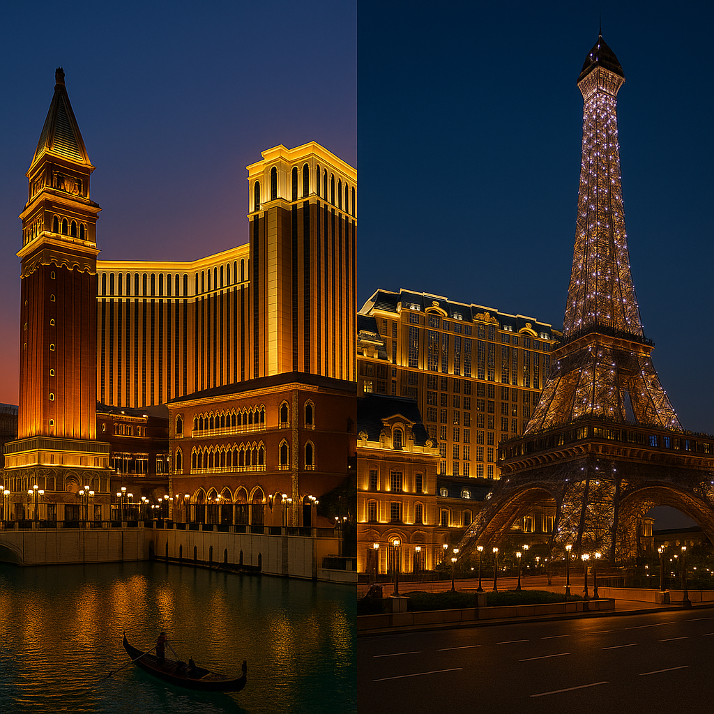 마카오 베네시안과 파리지앵 호텔의 야경 전경