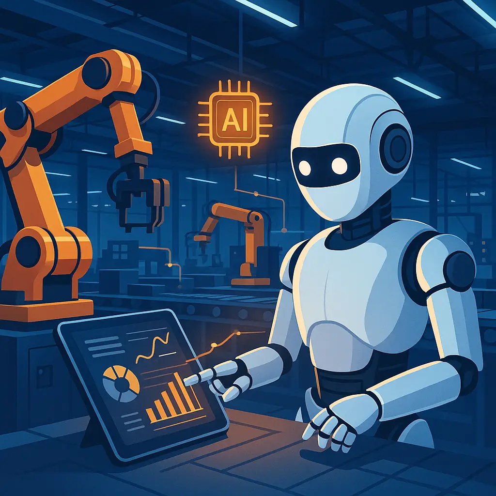 스마트팩토리에서 AI 로봇이 터치패드를 조작하며 생산 공정을 관리하는 장면