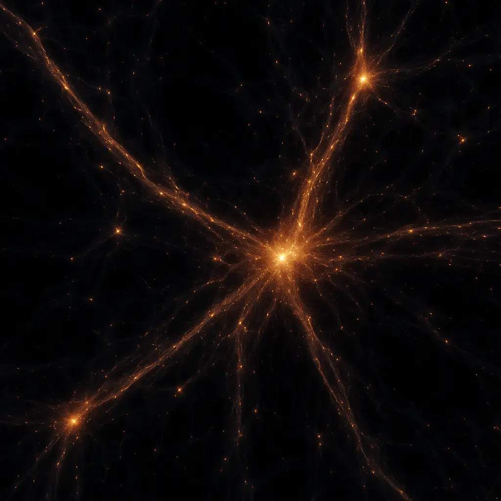 암흑 물질이 형성한 우주 거대 구조와 은하 필라멘트의 시각화 이미지