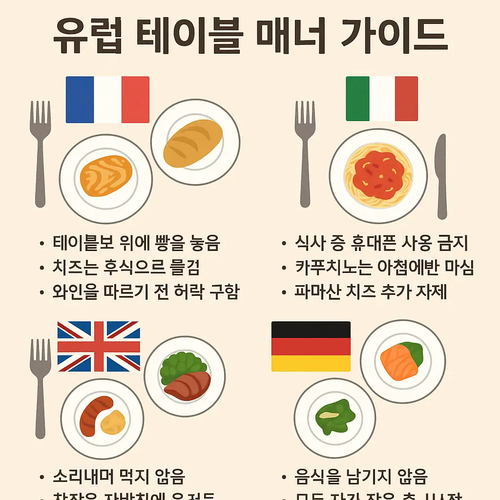 유럽 테이블 매너 가이드 – 프랑스, 이탈리아, 영국, 독일 식사 예절 인포그래픽