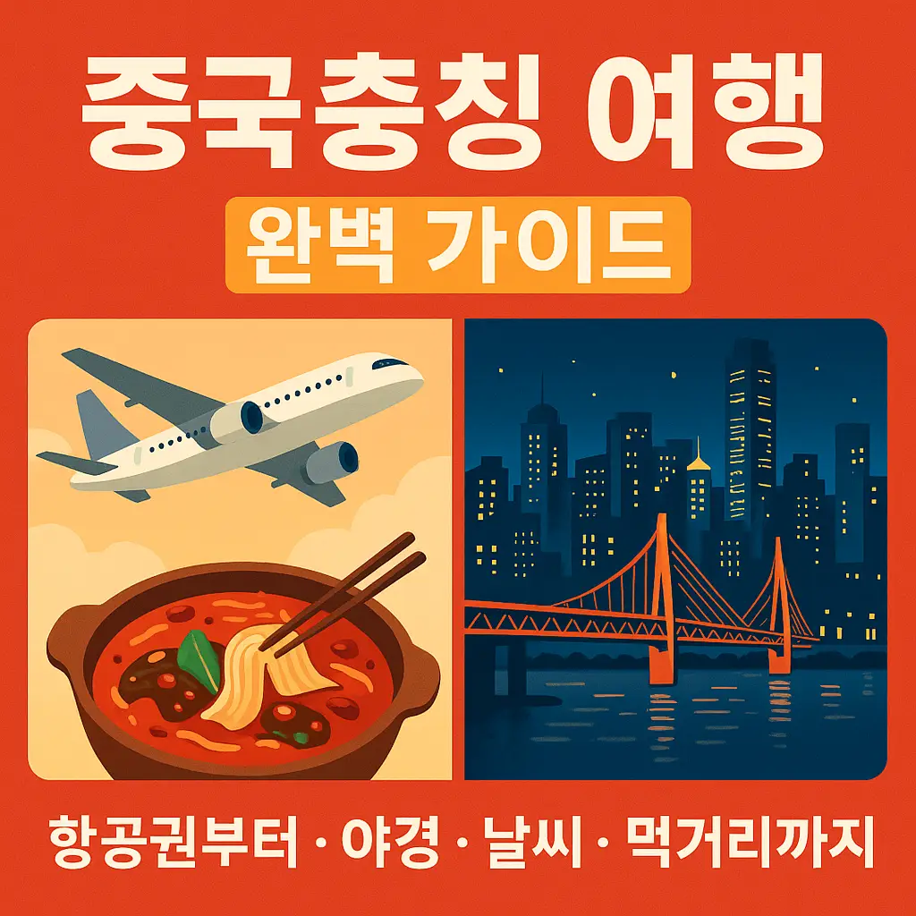 충칭 여행 가이드 썸네일 – 항공기, 훠궈, 홍야동 야경이 조합된 일러스트