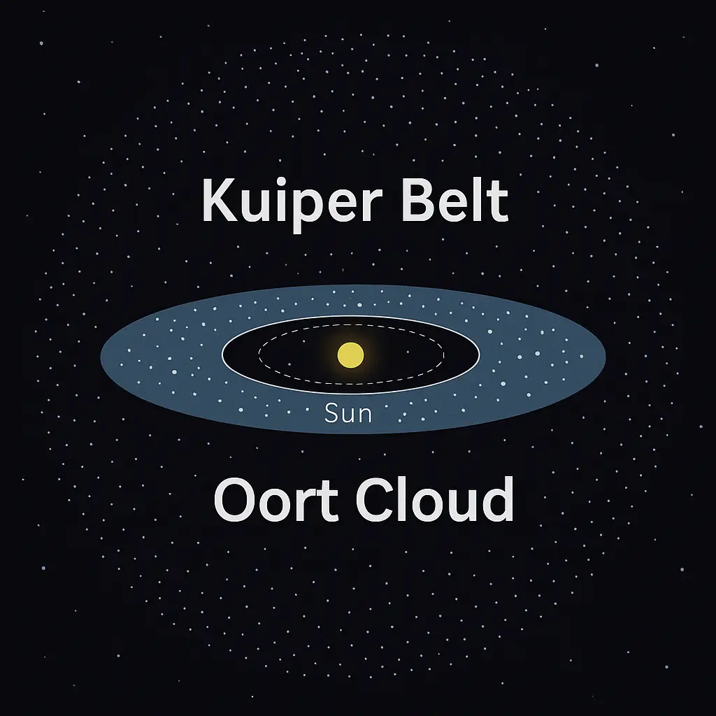 태양계 중심의 태양을 둘러싼 카이퍼 벨트와 오르트 구름의 구조 비교 다이어그램