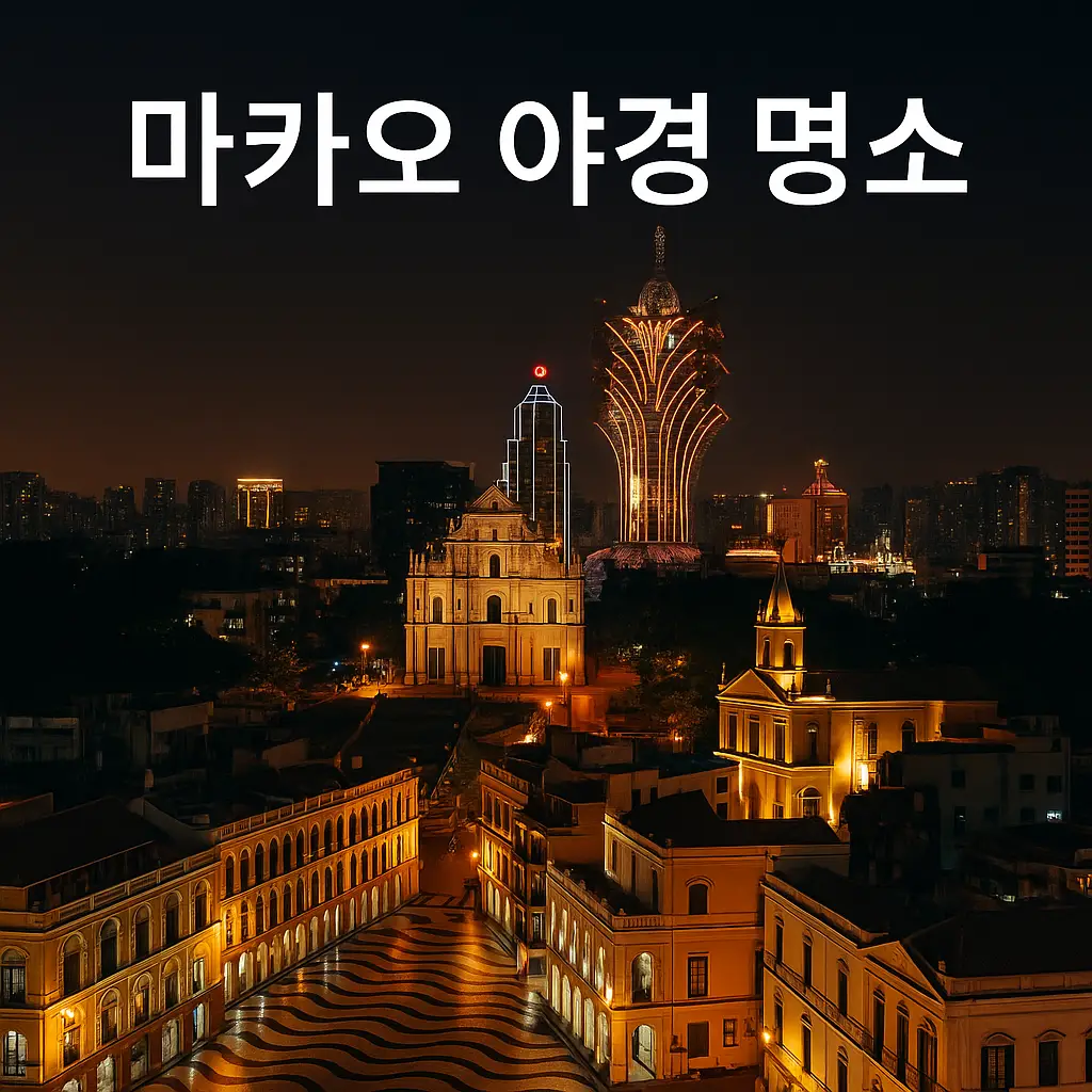 마카오의 대표적인 야경 명소들을 한눈에 담은 정사각형 썸네일 이미지. 세나도 광장의 물결무늬 바닥과 주변 건물의 노란 조명이 강조되고, 배경에는 대형 카지노 호텔의 화려한 불빛이 대비되는 야경 구도. 상단에는 “마카오 야경 명소”라는 문구가 적혀 있음.