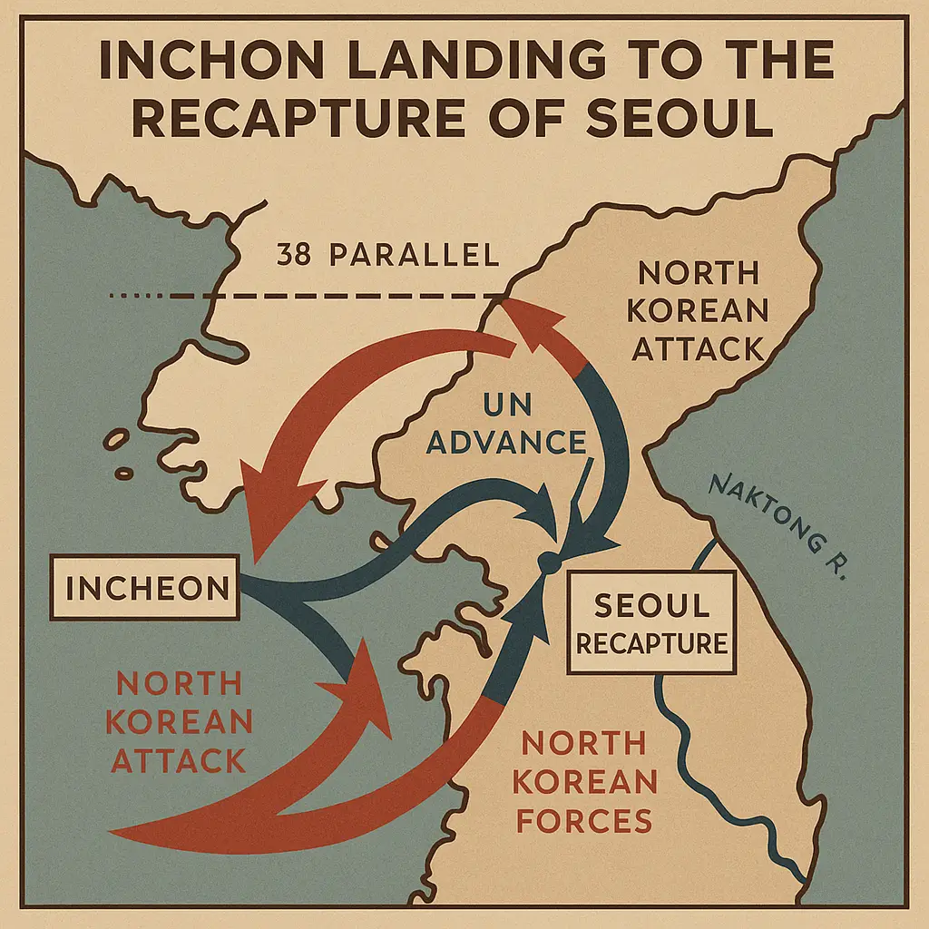 인천상륙작전부터 서울 수복까지 전황 흐름을 나타낸 군사 지도 스타일 썸네일