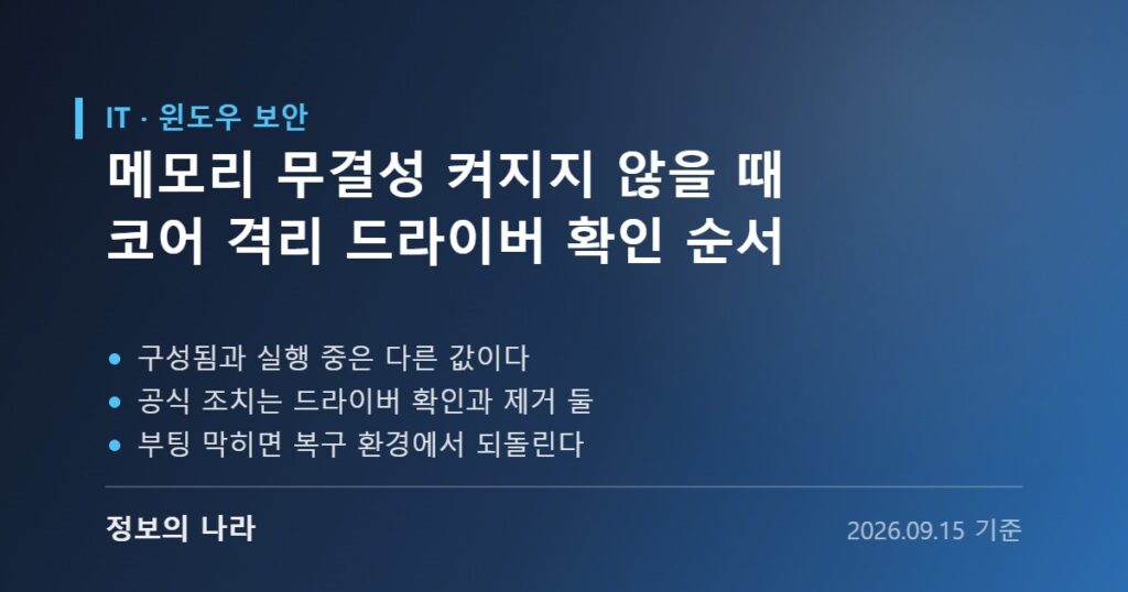 메모리 무결성이 켜지지 않을 때 확인할 순서를 정리한 카드 이미지